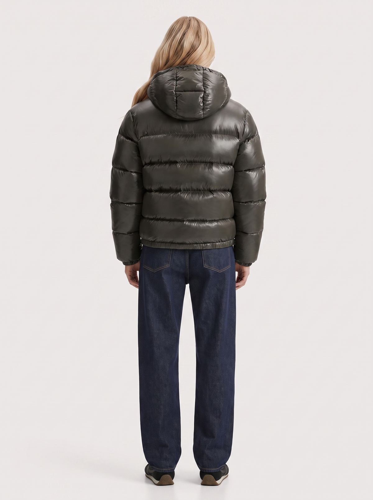 Puffer Jacket Womens Cropped Hooded Glossy Horizontal Quilted
