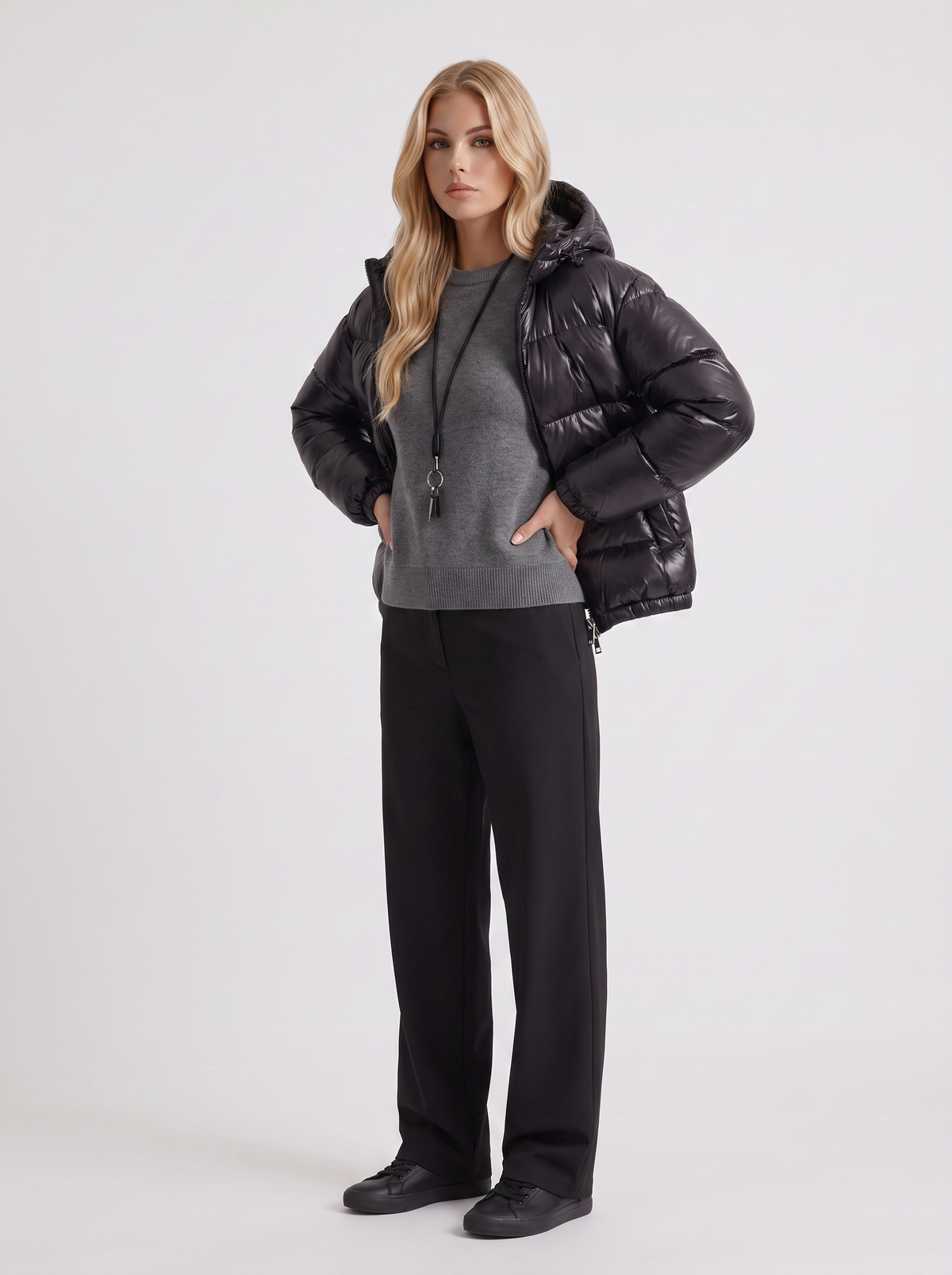 Puffer Jacket Womens Cropped Hooded Glossy Horizontal Quilted