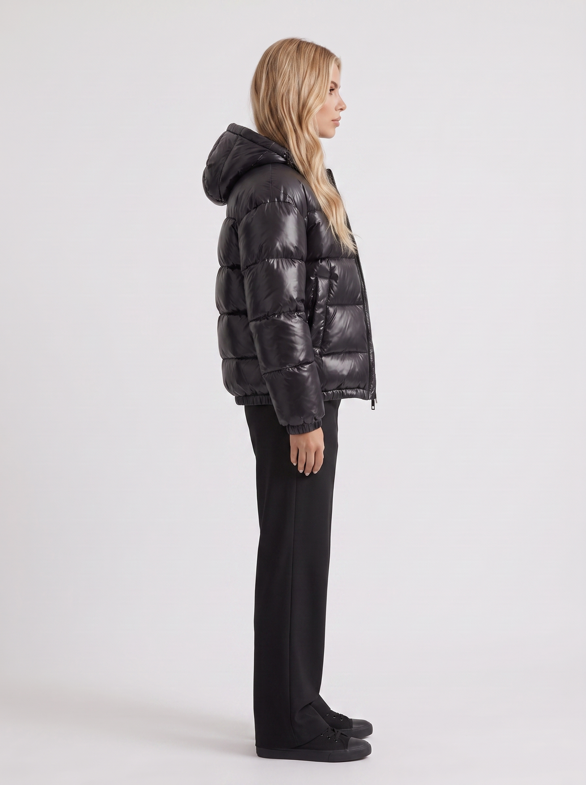 Puffer Jacket Womens Cropped Hooded Glossy Horizontal Quilted