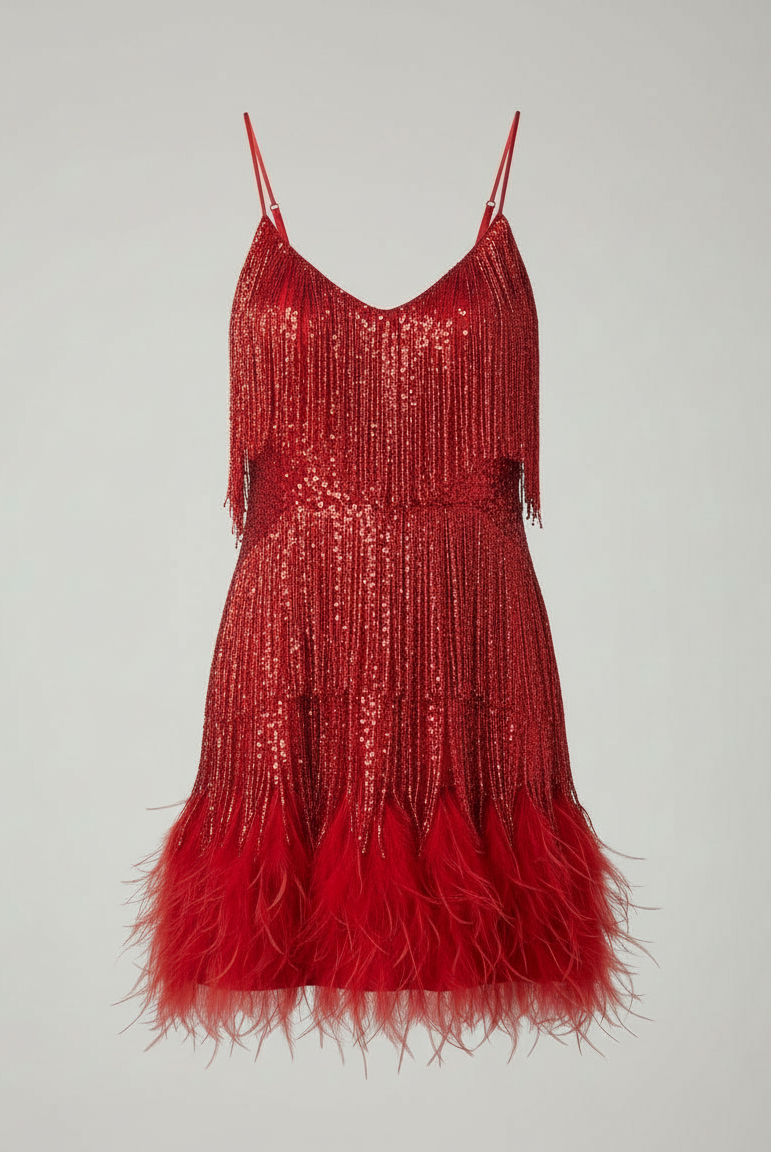 Sequin spaghetti strap cocktail party dress in red