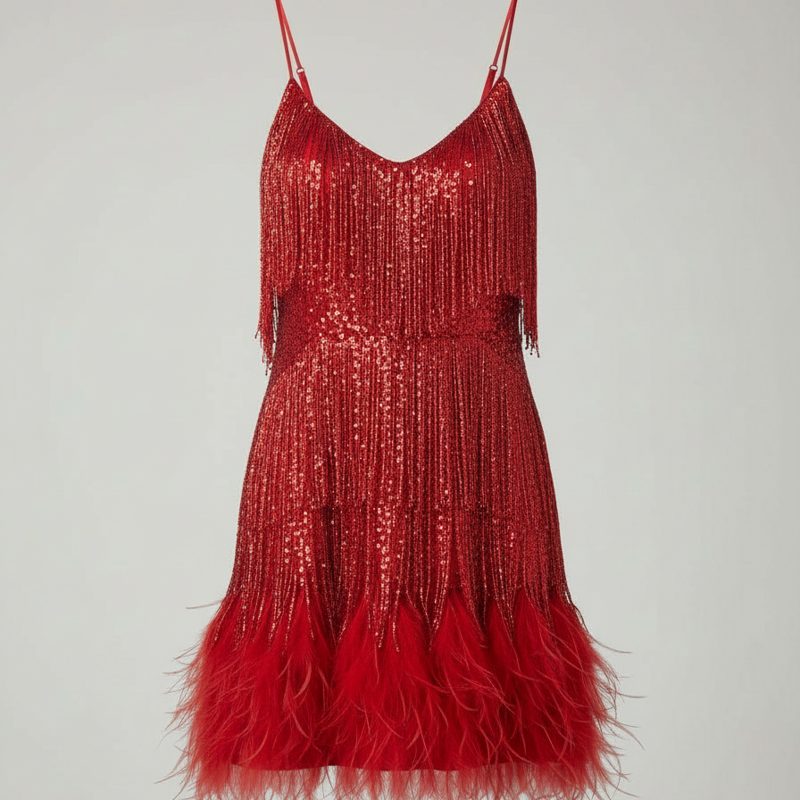 Sequin spaghetti strap cocktail party dress in red