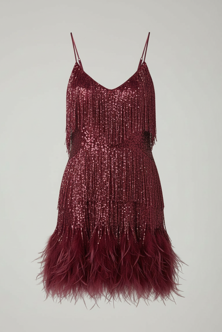 Sequin spaghetti strap cocktail party dress in burgundy
