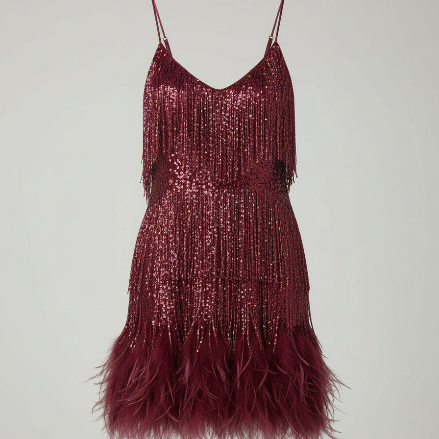 Sequin spaghetti strap cocktail party dress in burgundy