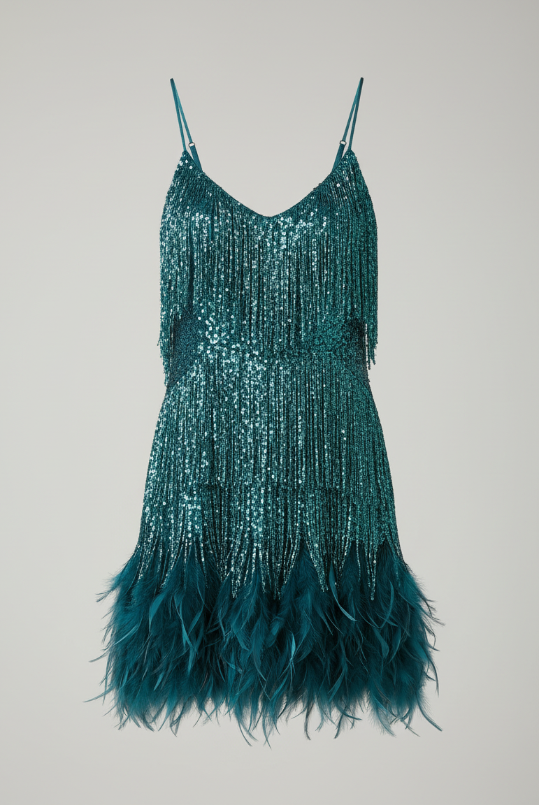 Sequin spaghetti strap cocktail party dress in green