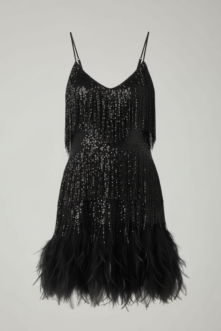 Sequin spaghetti strap cocktail party dress in black