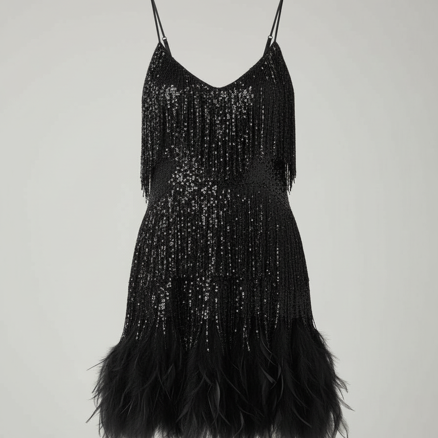 Sequin spaghetti strap cocktail party dress in black