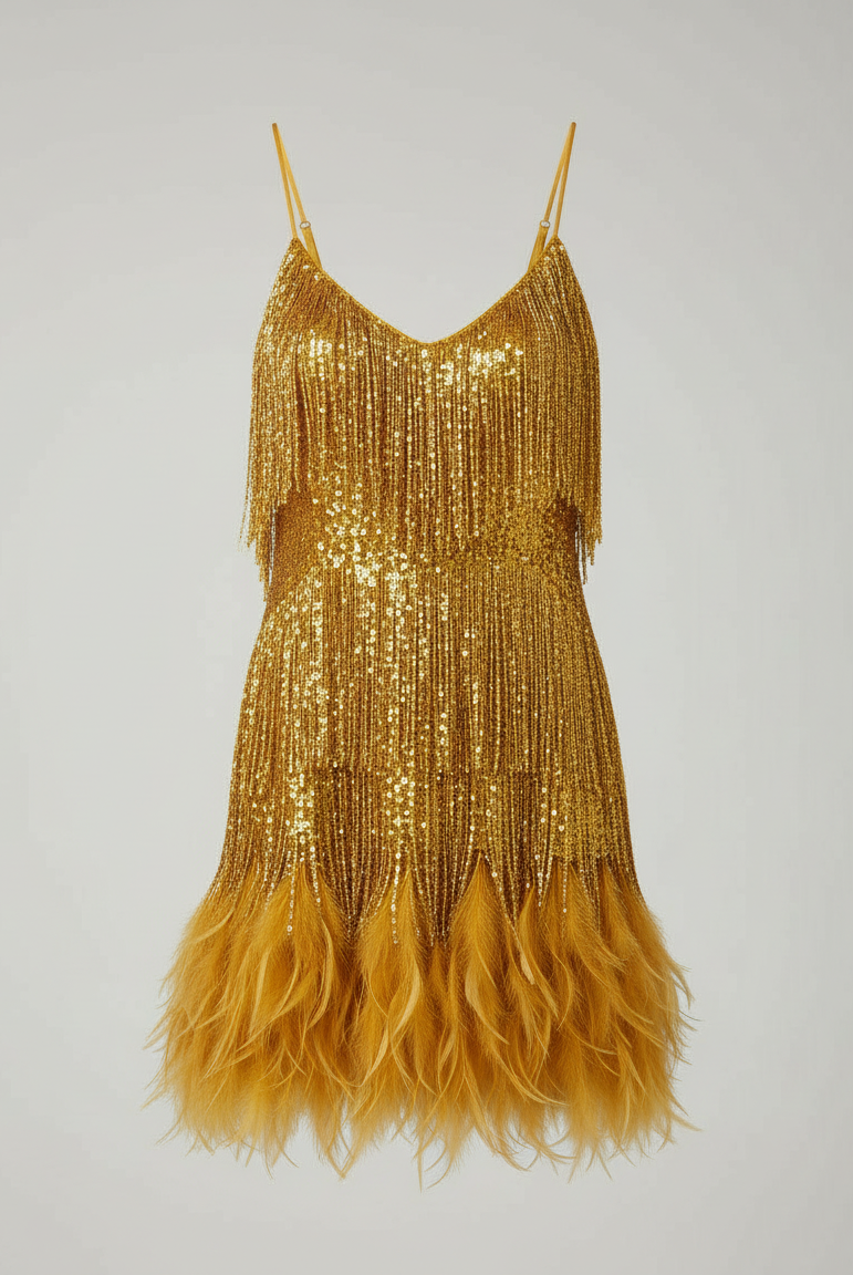 Sequin spaghetti strap cocktail party dress in gold