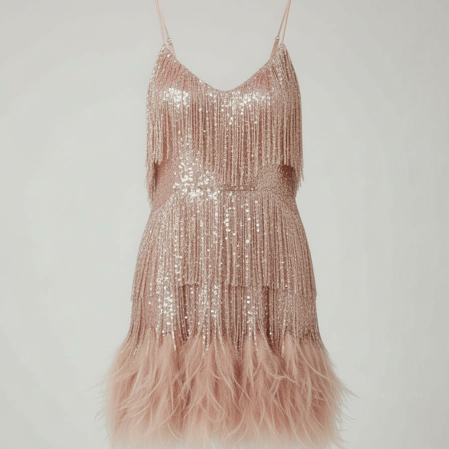 Sequin spaghetti strap cocktail party dress in rose gold