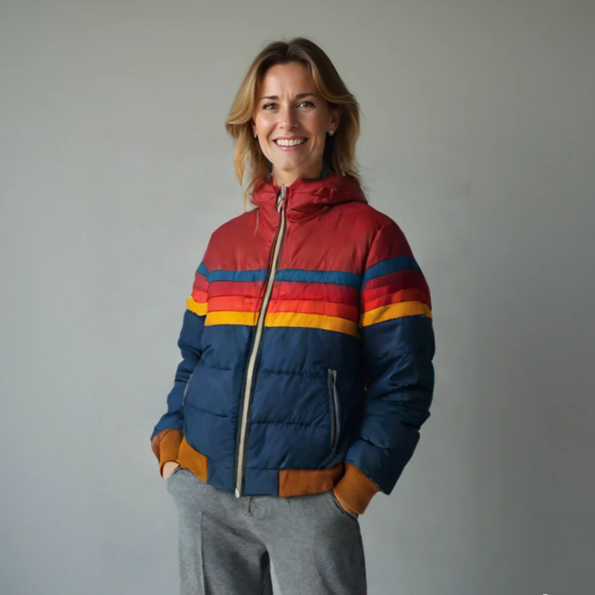 Winter Retro Striped Quilted Hooded Puffer Jacket for Women
