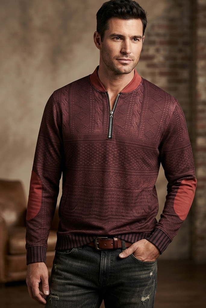 Cable Knit Sweater Mens Quarter Zip Pattern Panel Geometric Pullover