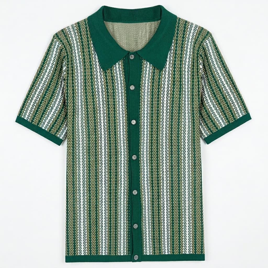Vertical stripe knit full placket polo in green