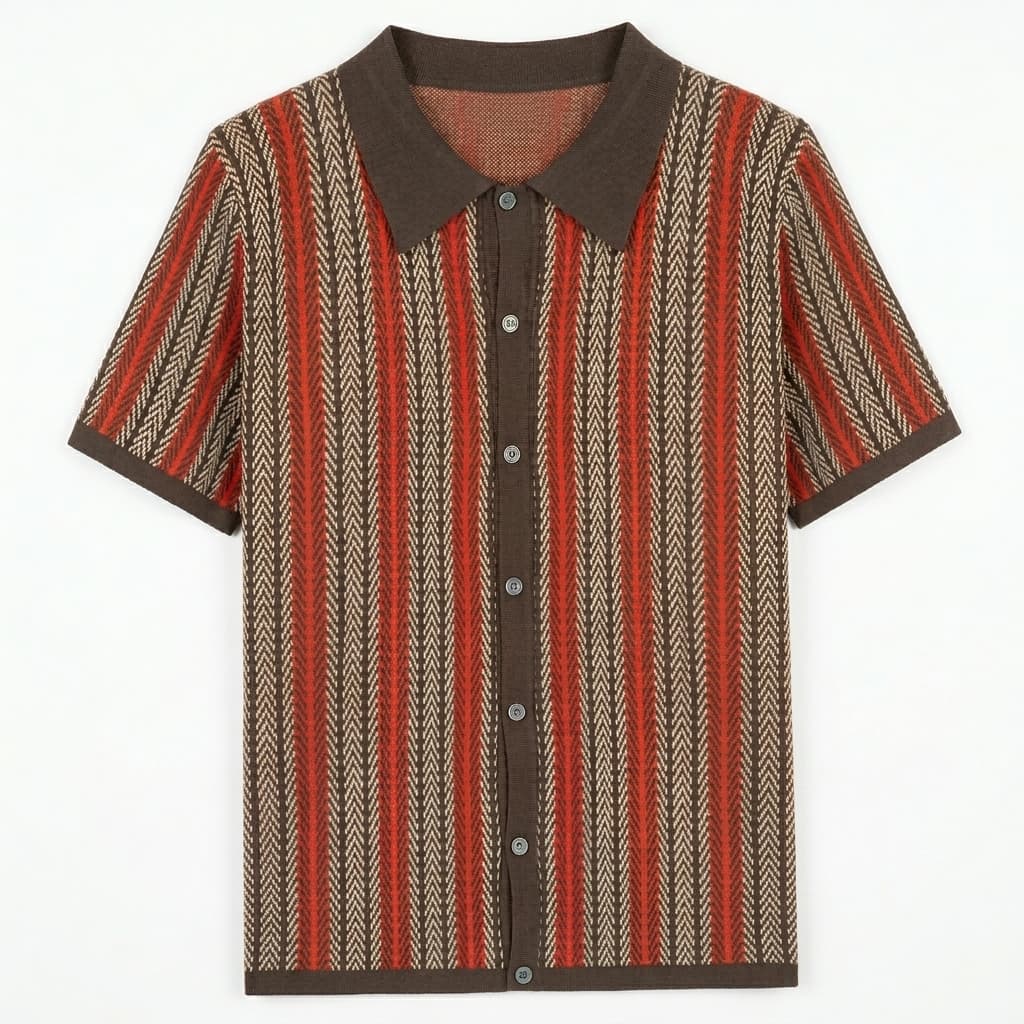Vertical stripe knit full placket polo in brown