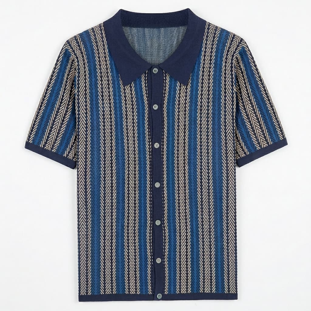 Vertical stripe knit full placket polo in navy
