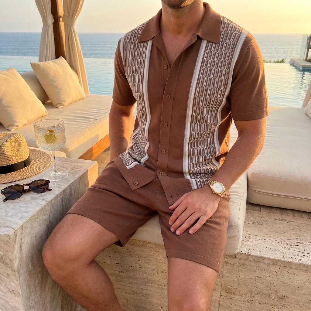 Mosaic knit shirt and shorts two piece set, view 2