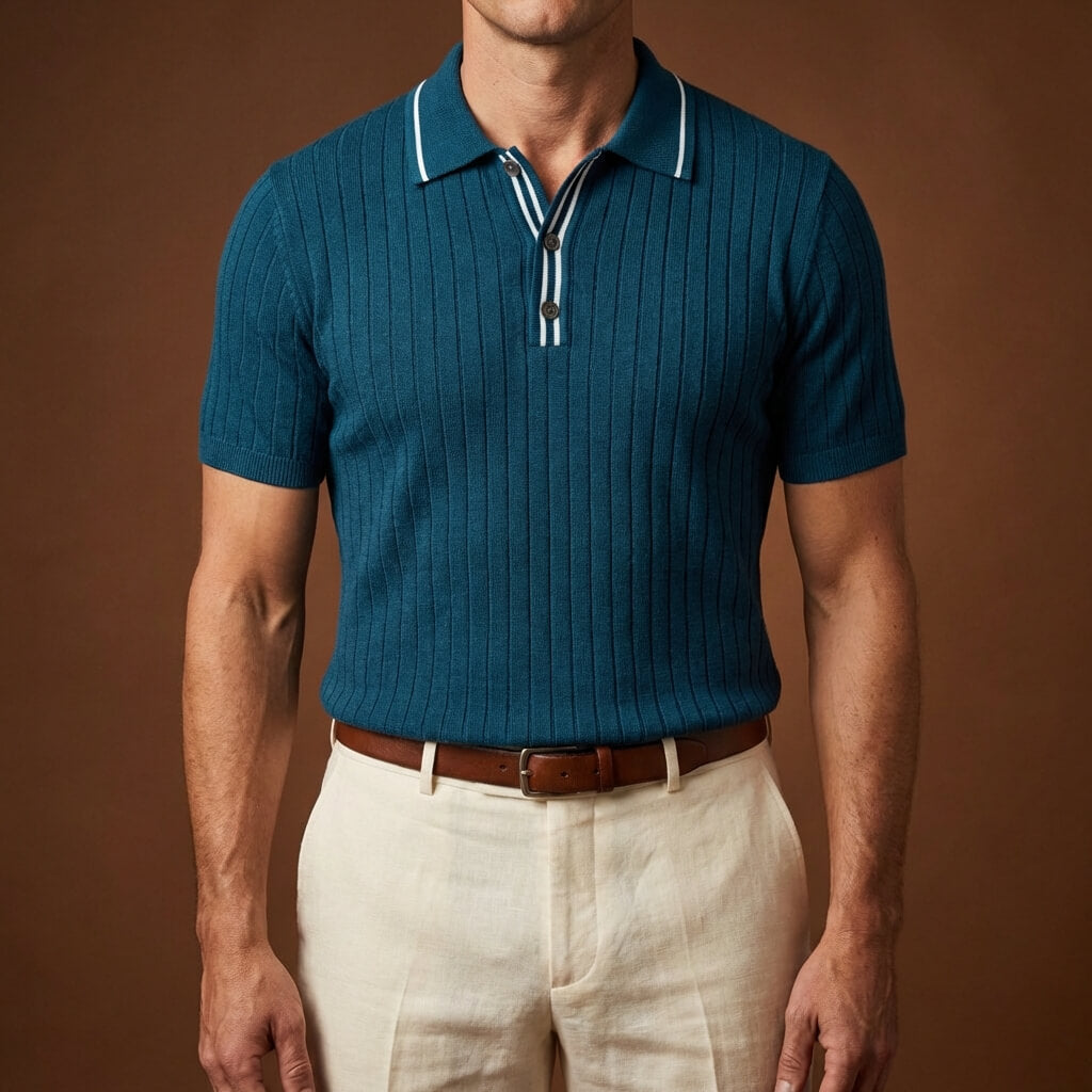 Ribbed textured knit three button polo, view 6