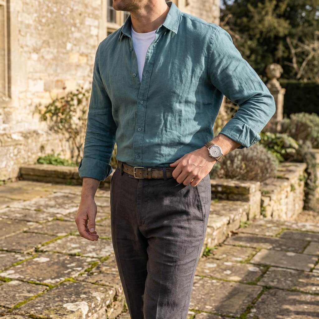 Spread collar linen long sleeve shirt, view 6