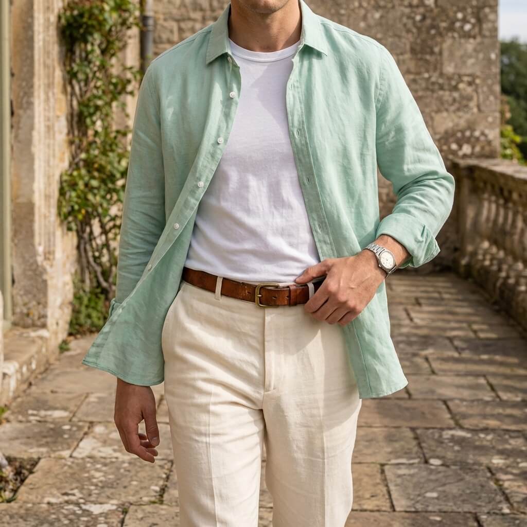 Spread collar linen long sleeve shirt, view 4