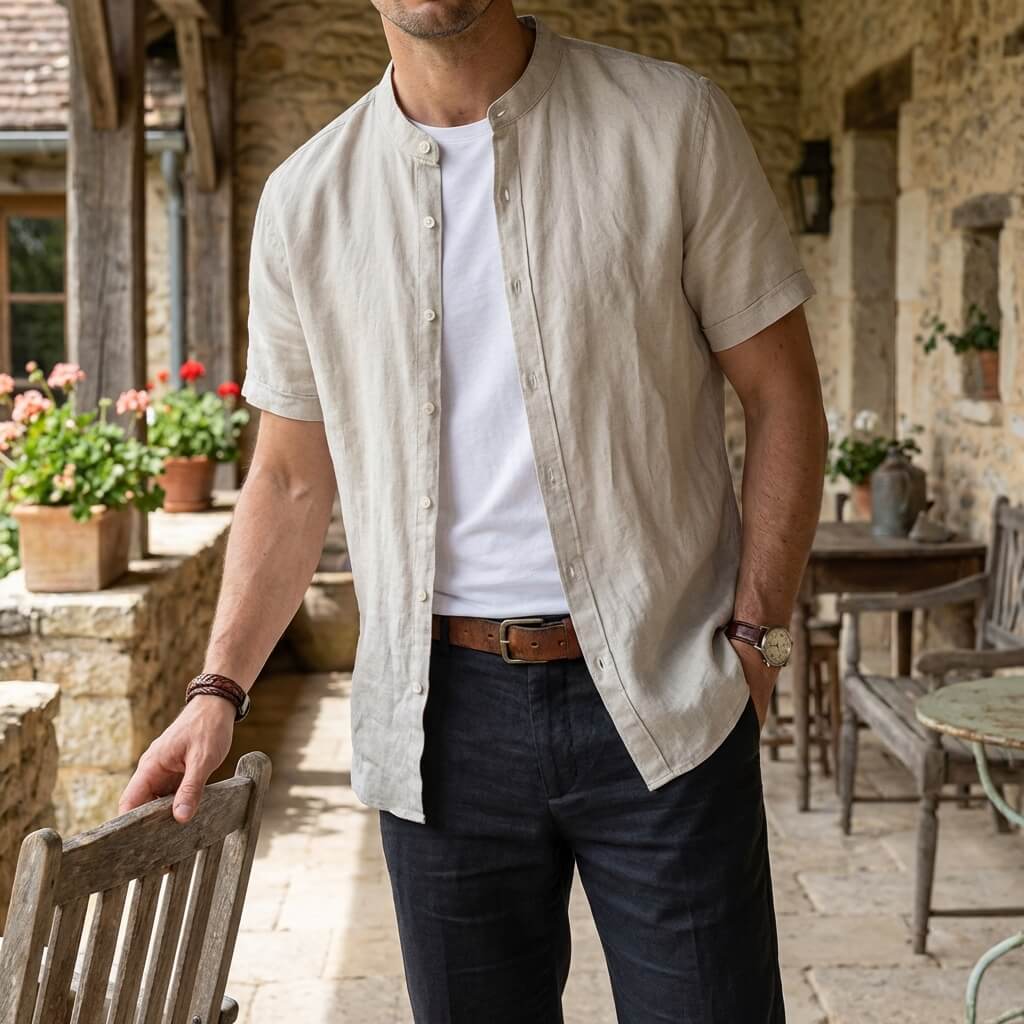Band collar linen cotton short sleeve shirt, view 2