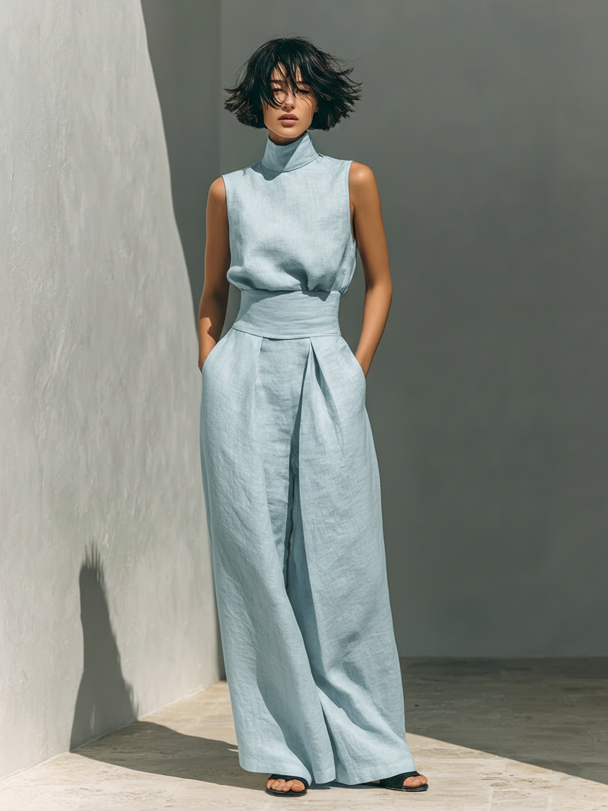 Sleeveless tank and loose wide leg pants set in light blue