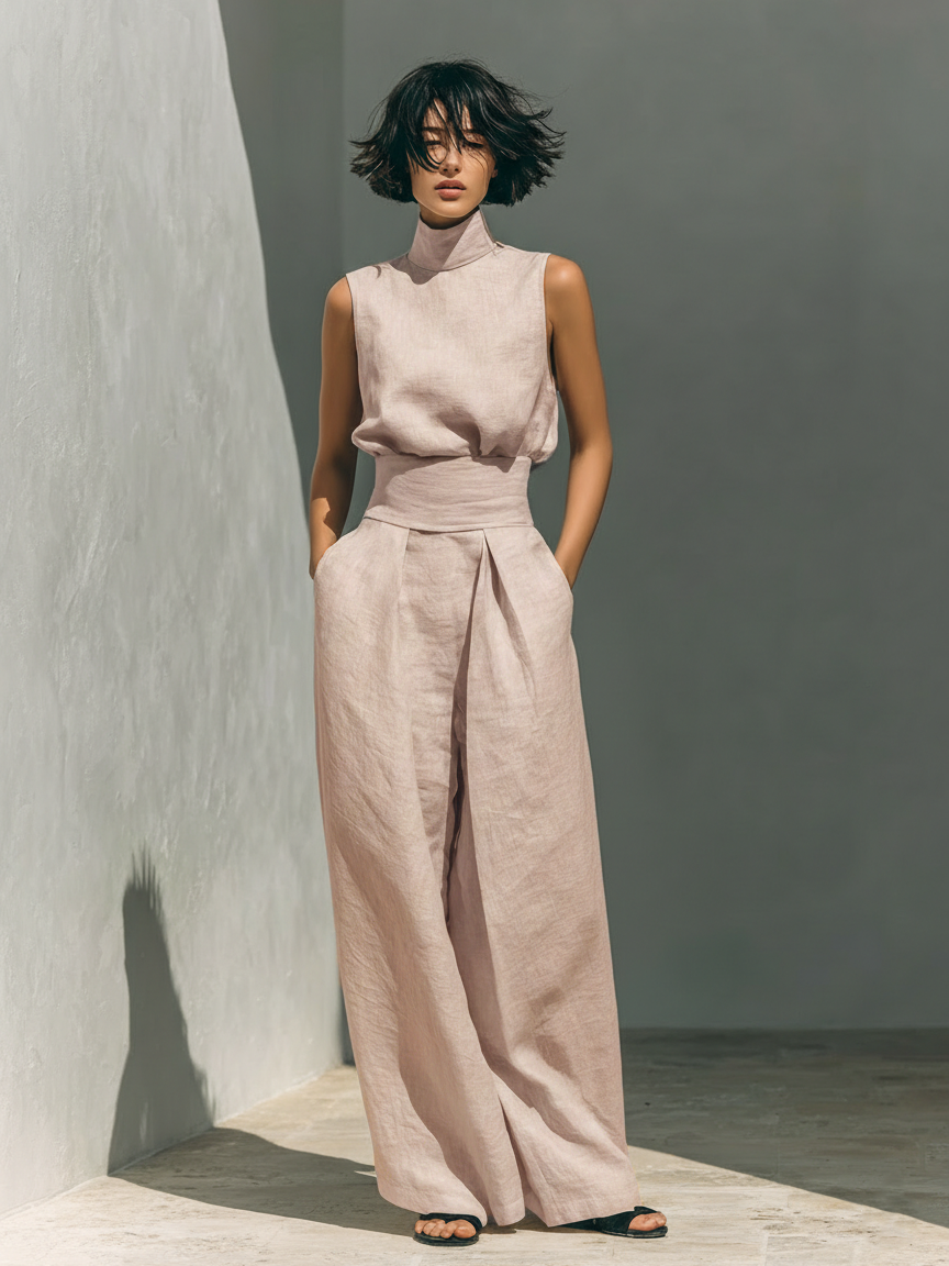 Sleeveless tank and loose wide leg pants set in light pink