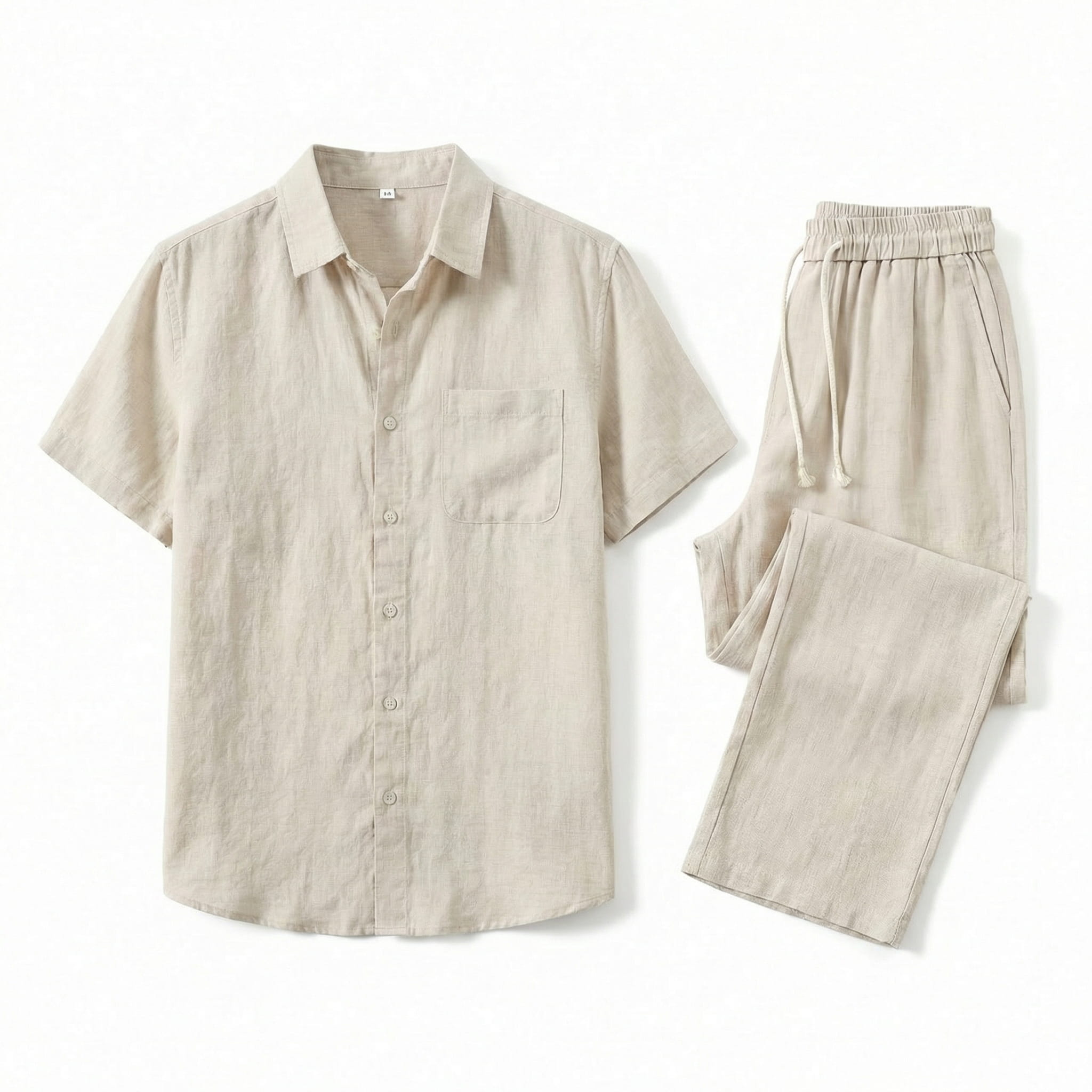 Prewashed linen two piece drawstring set in beige