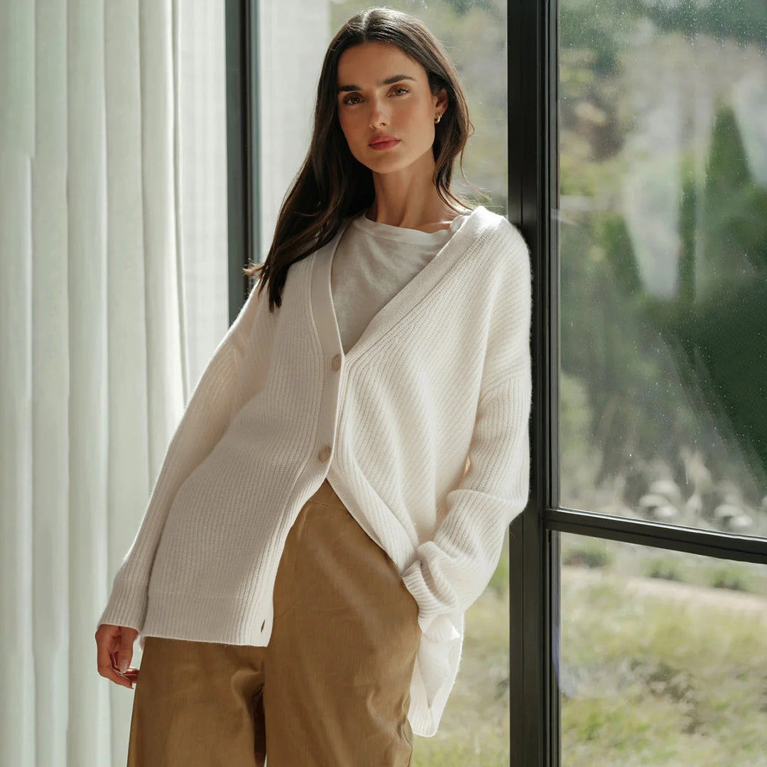 Fall Cashmere Feel Oversized V Neck Cardigan for Women in Ivory