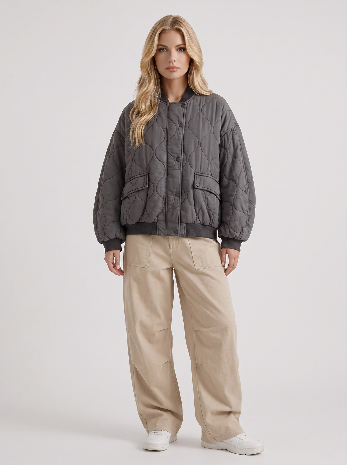 Bomber Jacket Womens Oversized Onion Quilted Snap Front Ribbed Trim