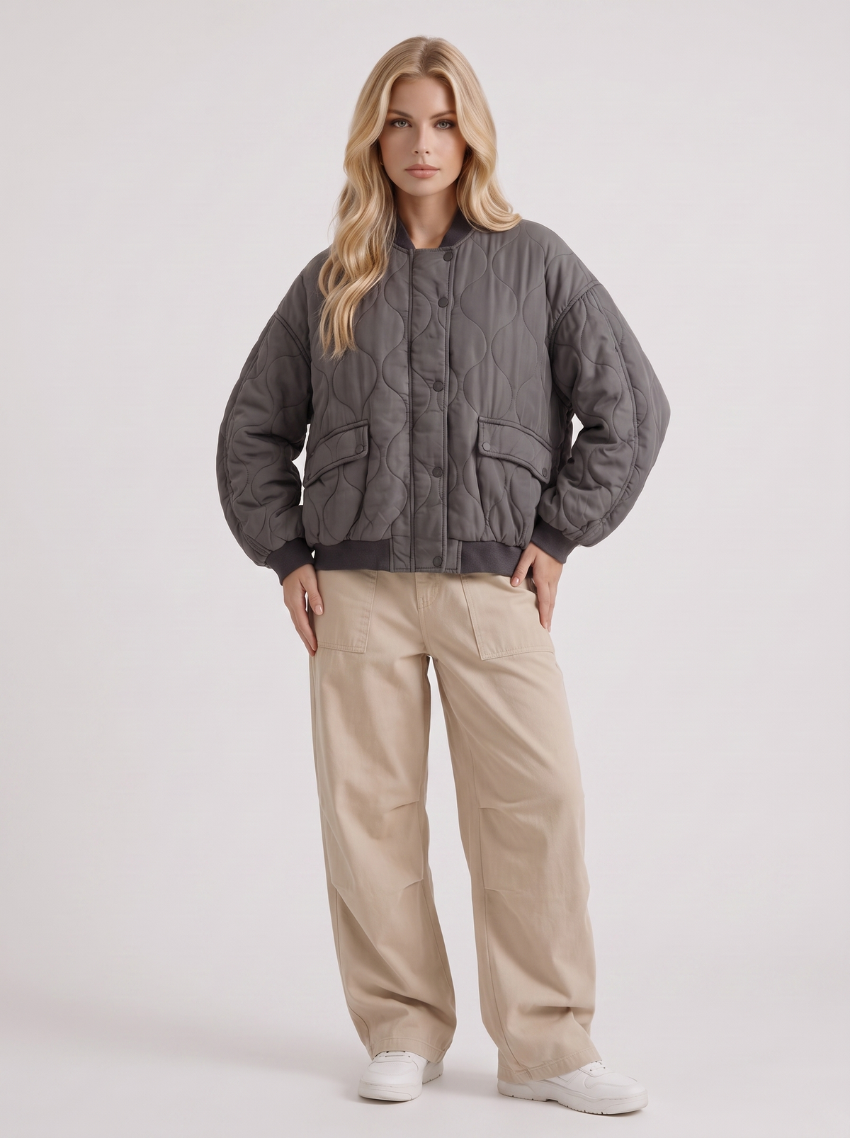 Bomber Jacket Womens Oversized Onion Quilted Snap Front Ribbed Trim