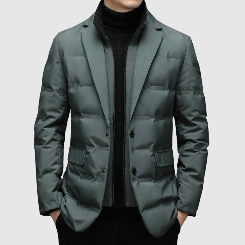 Winter Quilted Puffer Blazer Jacket with Notch Lapel for Men in Sage Green