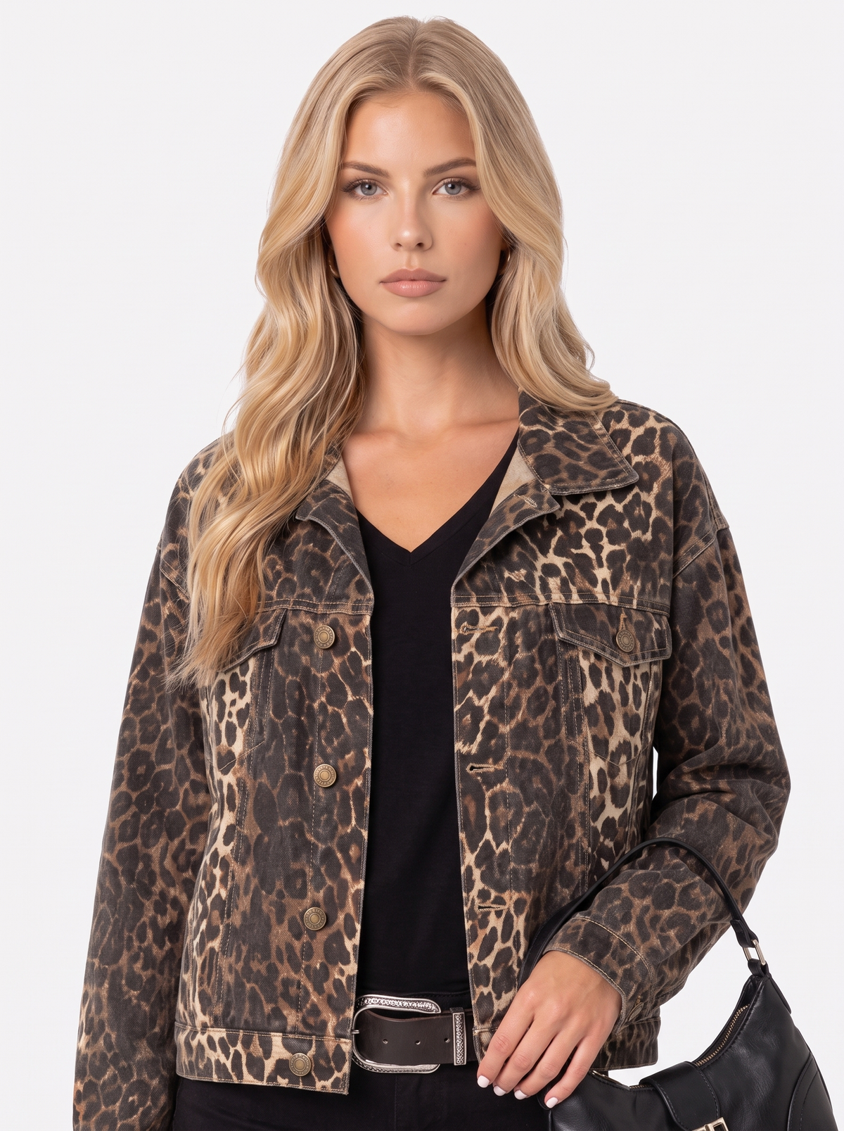 Denim Trucker Jacket Womens Oversized Leopard Print Button Front