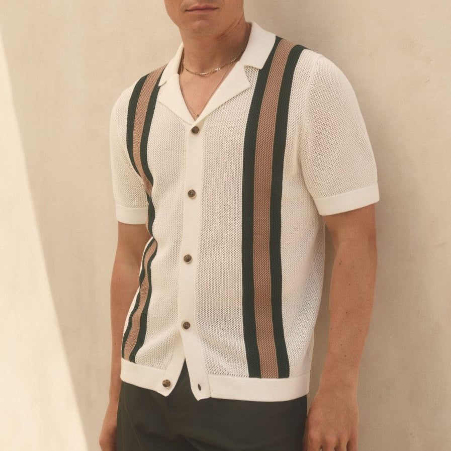 Vertical stripe crochet knit camp collar polo, view 2