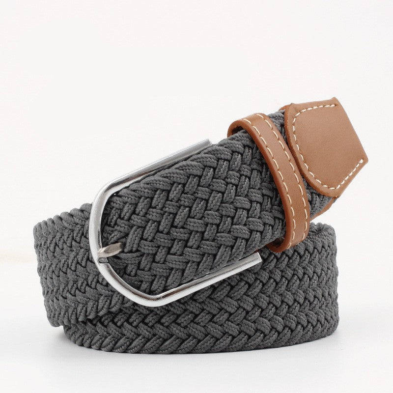 Braided canvas stretch belt with leather ends in gray