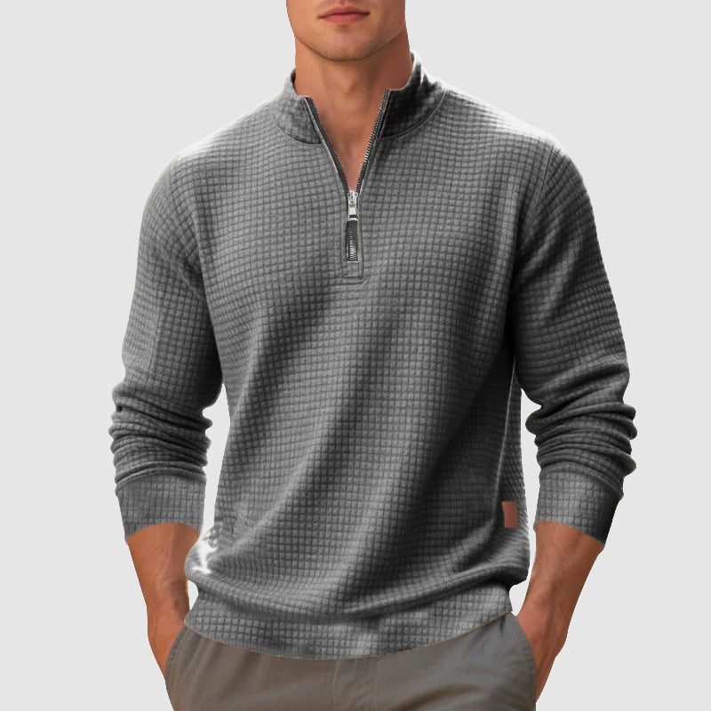 Fall Waffle Knit Mock Neck Quarter Zip Sweatshirt for Men in Gray