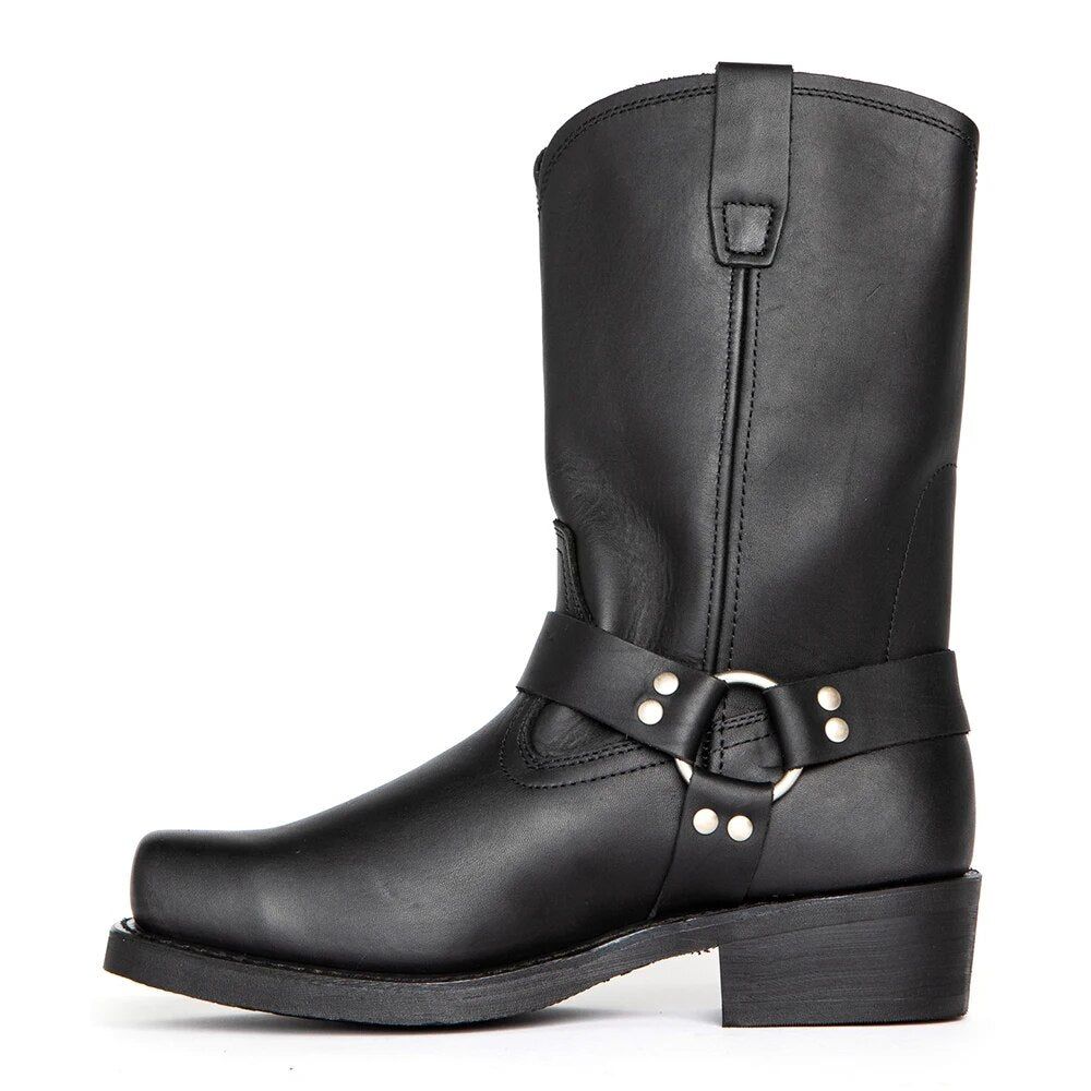 Men's Harness Cowboy Boots Western Square Toe Block Heel Pull-On