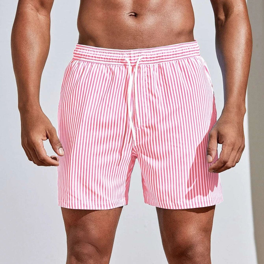 Men's Striped Beach Swimming Shorts Drawstring Waist