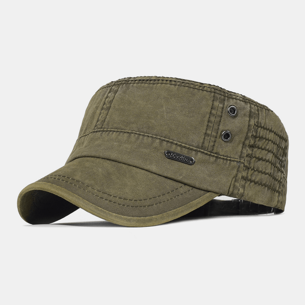 Men's Washed Flat Top Military Cap Adjustable Cadet Hat