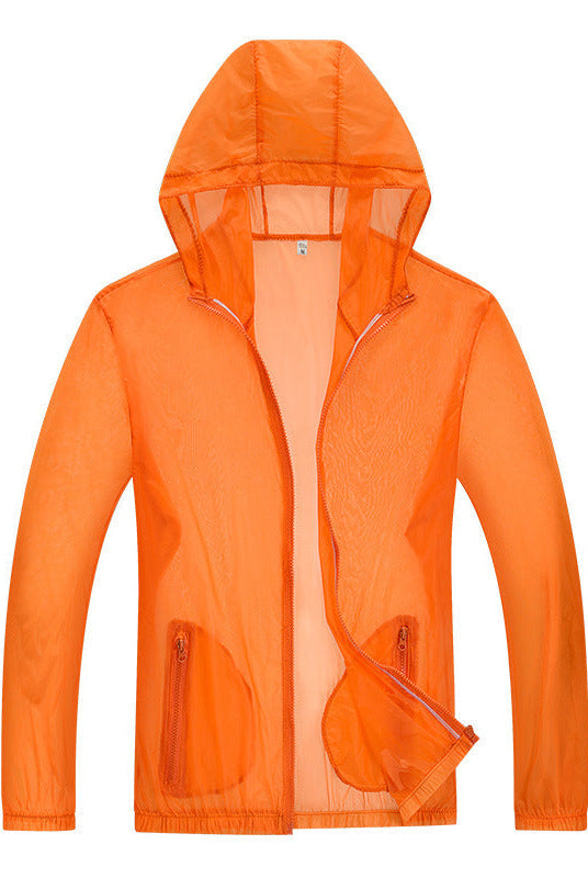 Ultralight hooded rain jacket with reflective trim in orange