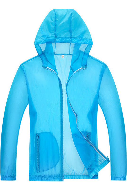 Ultralight hooded rain jacket with reflective trim in water blue