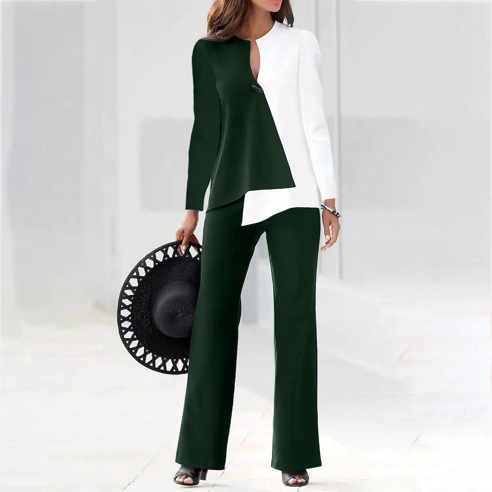 Asymmetric design modern pant suit set in fir green