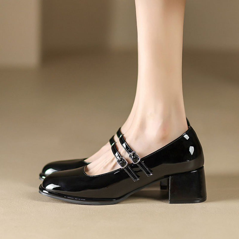 Fall Faux Leather Block Heel Mary Jane Pumps for Women in Black