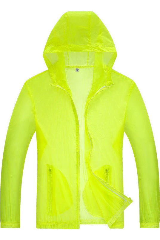 Ultralight hooded rain jacket with reflective trim in bright green