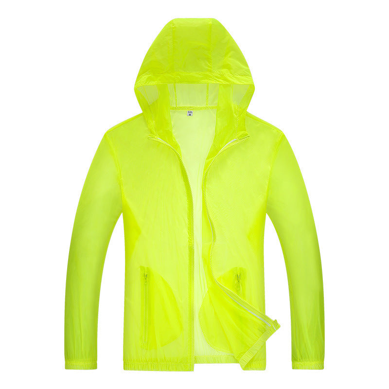 Ultralight hooded rain jacket with reflective trim in bright green