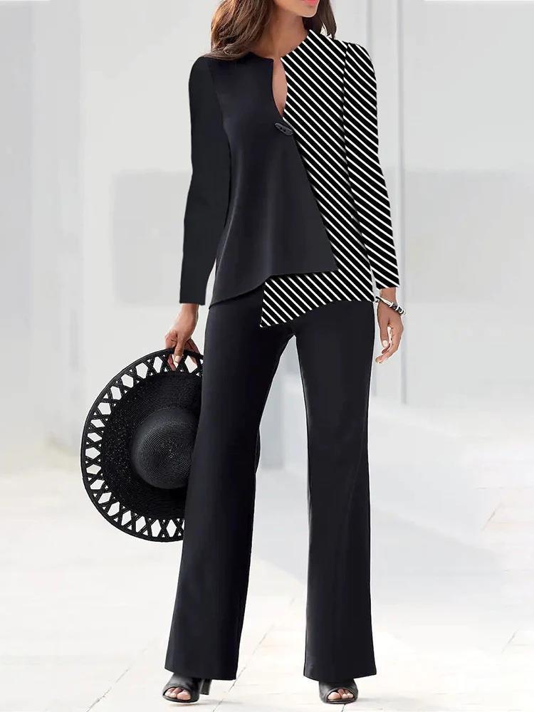Asymmetric design modern pant suit set in black