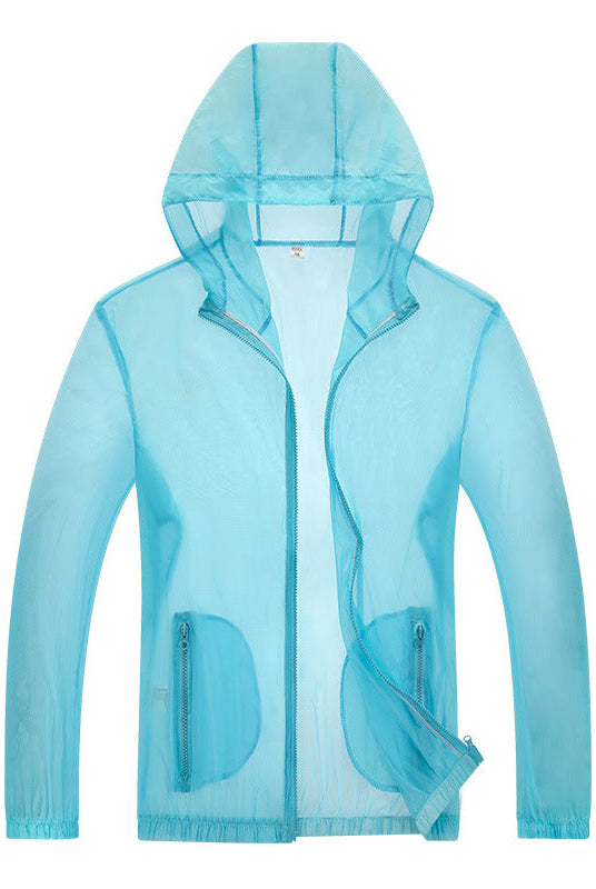 Ultralight hooded rain jacket with reflective trim in light blue