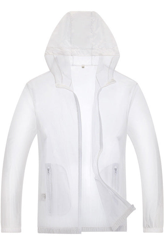 Ultralight hooded rain jacket with reflective trim in white