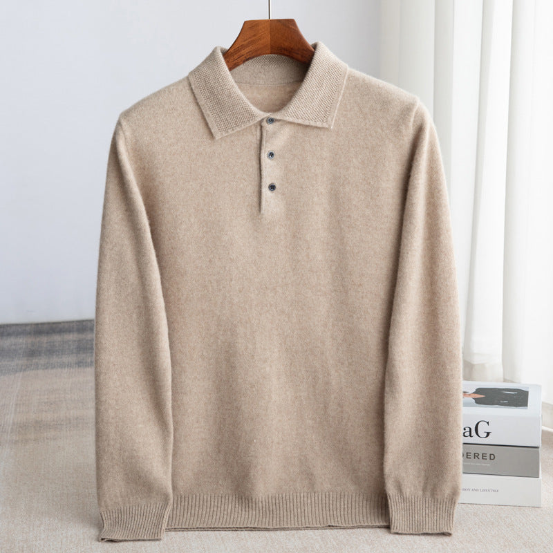 Fall Fine Wool Knit Button Polo Sweater for Men in Khaki