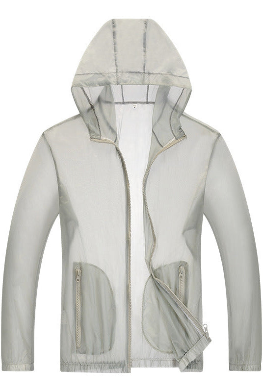 Ultralight hooded rain jacket with reflective trim in gray