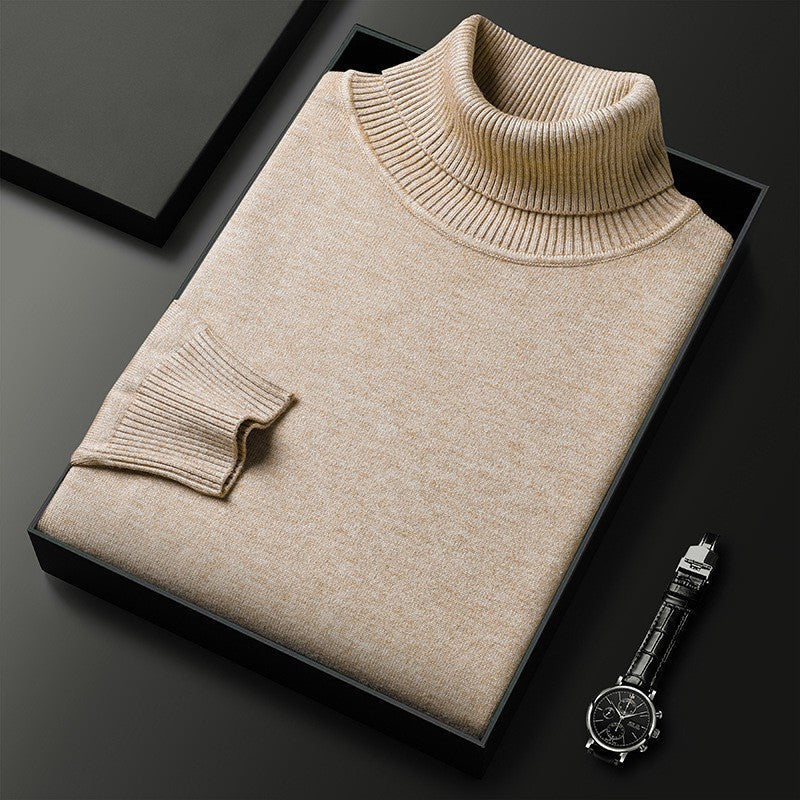 Winter Soft Fine Knit Turtleneck Sweater for Men in Beige