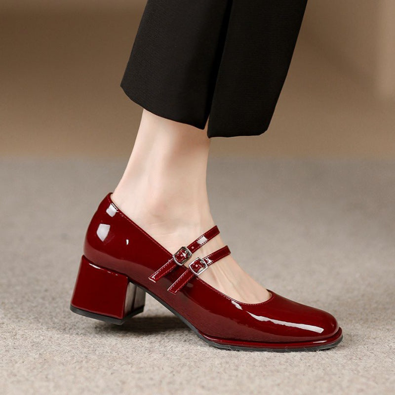 Fall Faux Leather Block Heel Mary Jane Pumps for Women in Burgundy