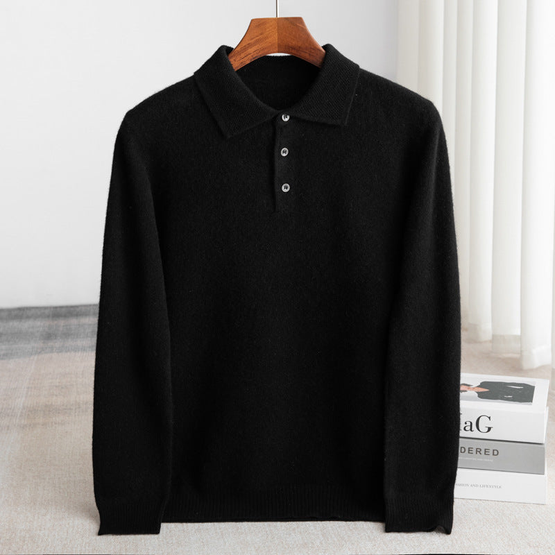 Fall Fine Wool Knit Button Polo Sweater for Men in Black